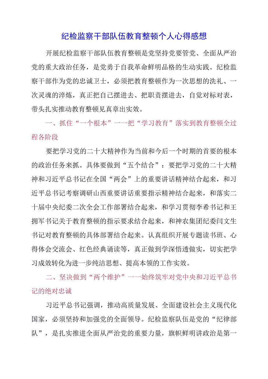 2023年纪检监察干部队伍教育整顿个人心得感想.docx_第1页