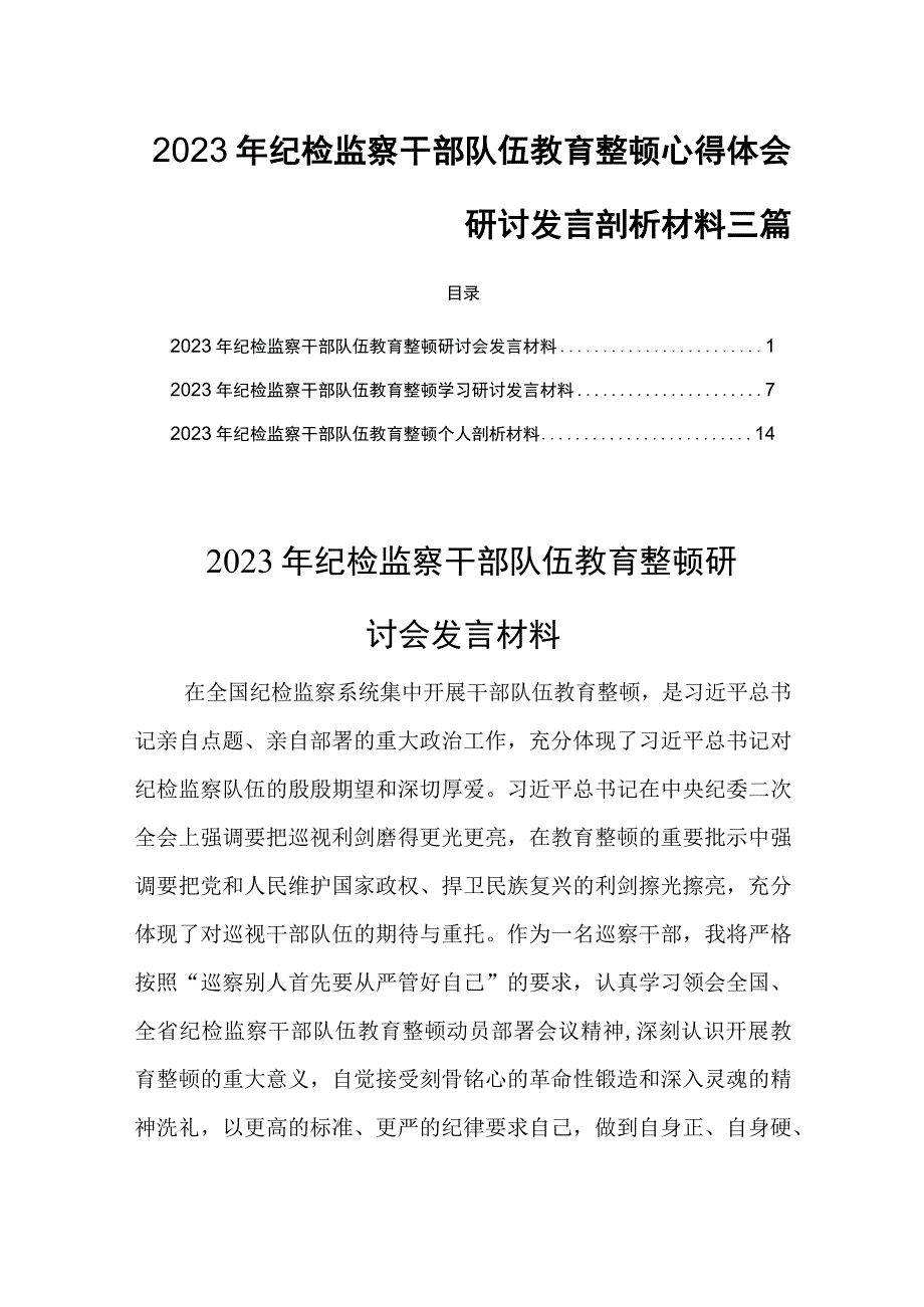 2023年纪检监察干部队伍教育整顿心得体会研讨发言剖析材料三篇.docx_第1页