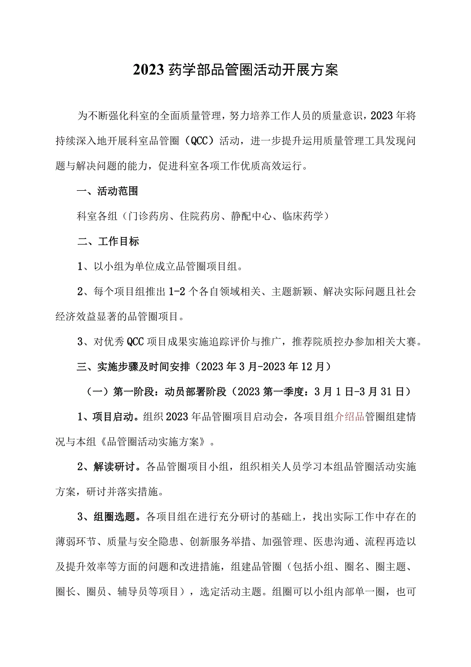 2023药学部品管圈活动开展方案.docx_第1页