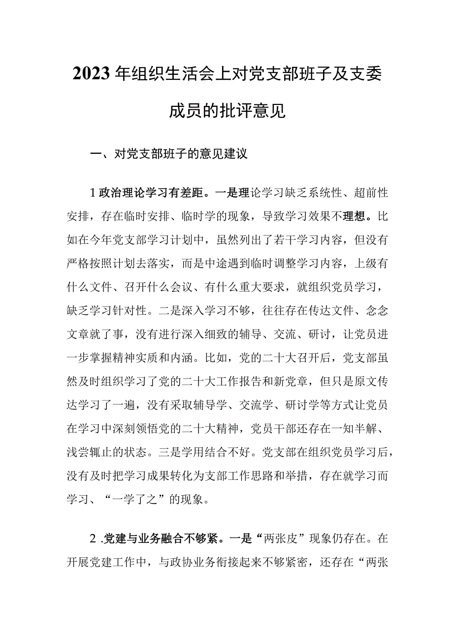 2023年组织生活会上对党支部班子及支委成员的批评意见.docx_第1页