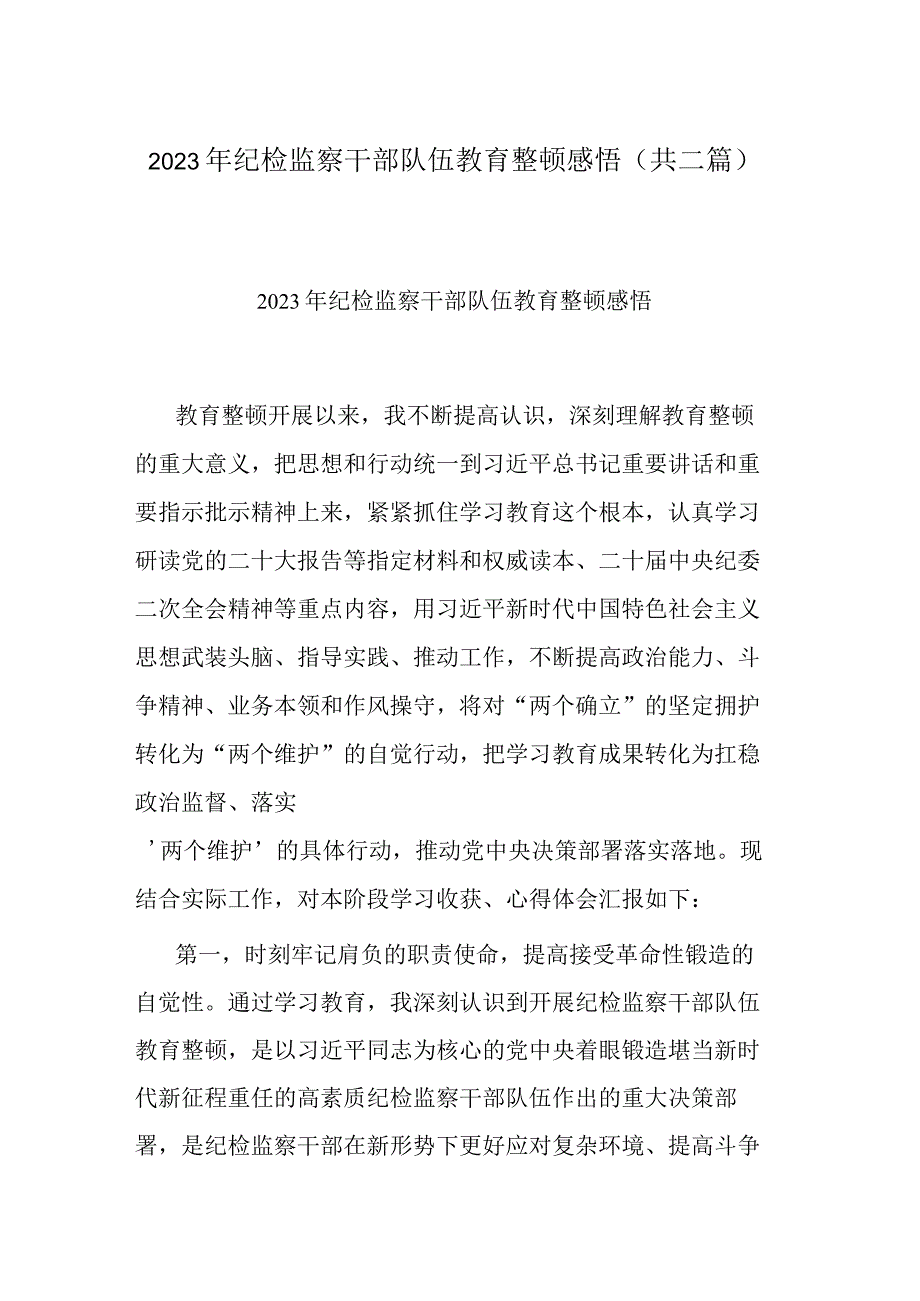 2023年纪检监察干部队伍教育整顿感悟(共二篇).docx_第1页