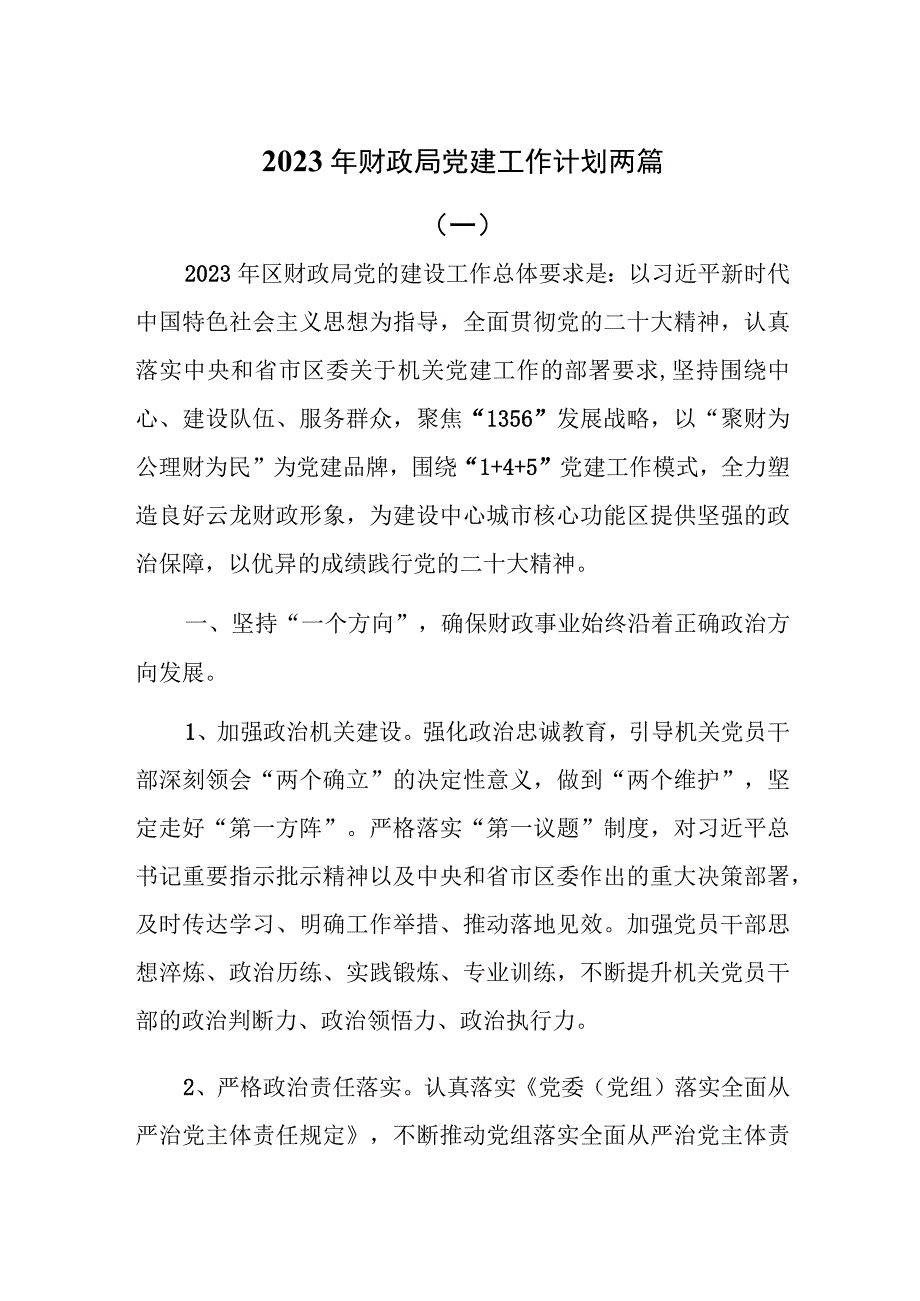 2023年财政局党建工作计划两篇.docx_第1页