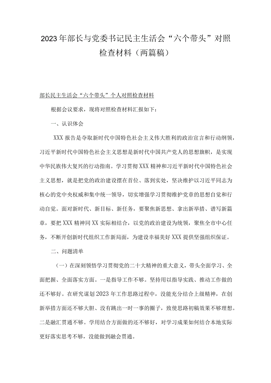 2023年部长与党委书记民主生活会六个带头对照检查材料（两篇稿）.docx_第1页