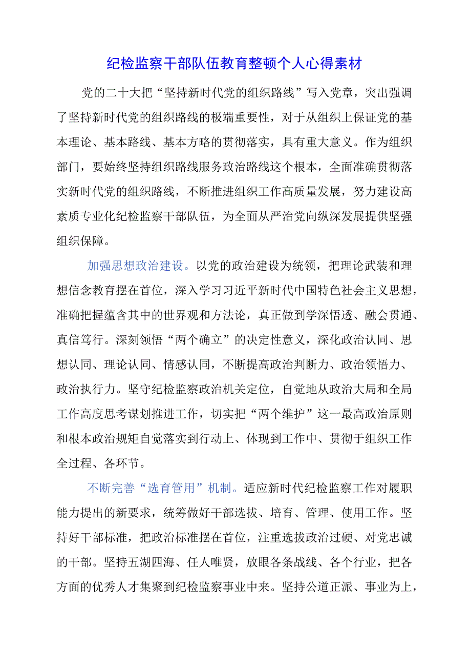 2023年纪检监察干部队伍教育整顿个人心得素材.docx_第1页