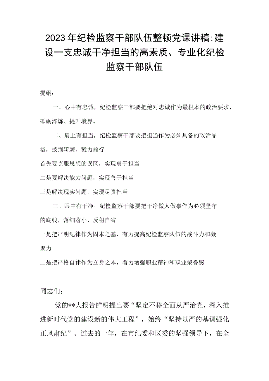 2023年纪检监察干部队伍整顿党课讲稿：建设一支忠诚干净担当的高素质专业化纪检监察干部队伍.docx_第1页