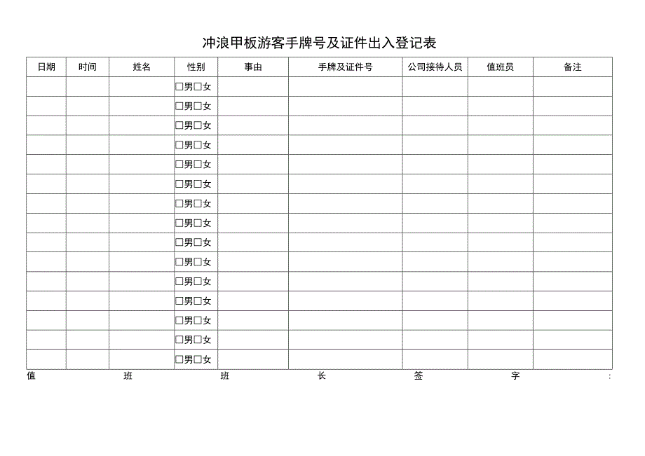 冲浪甲板游客手牌号及证件出入登记表.docx_第1页