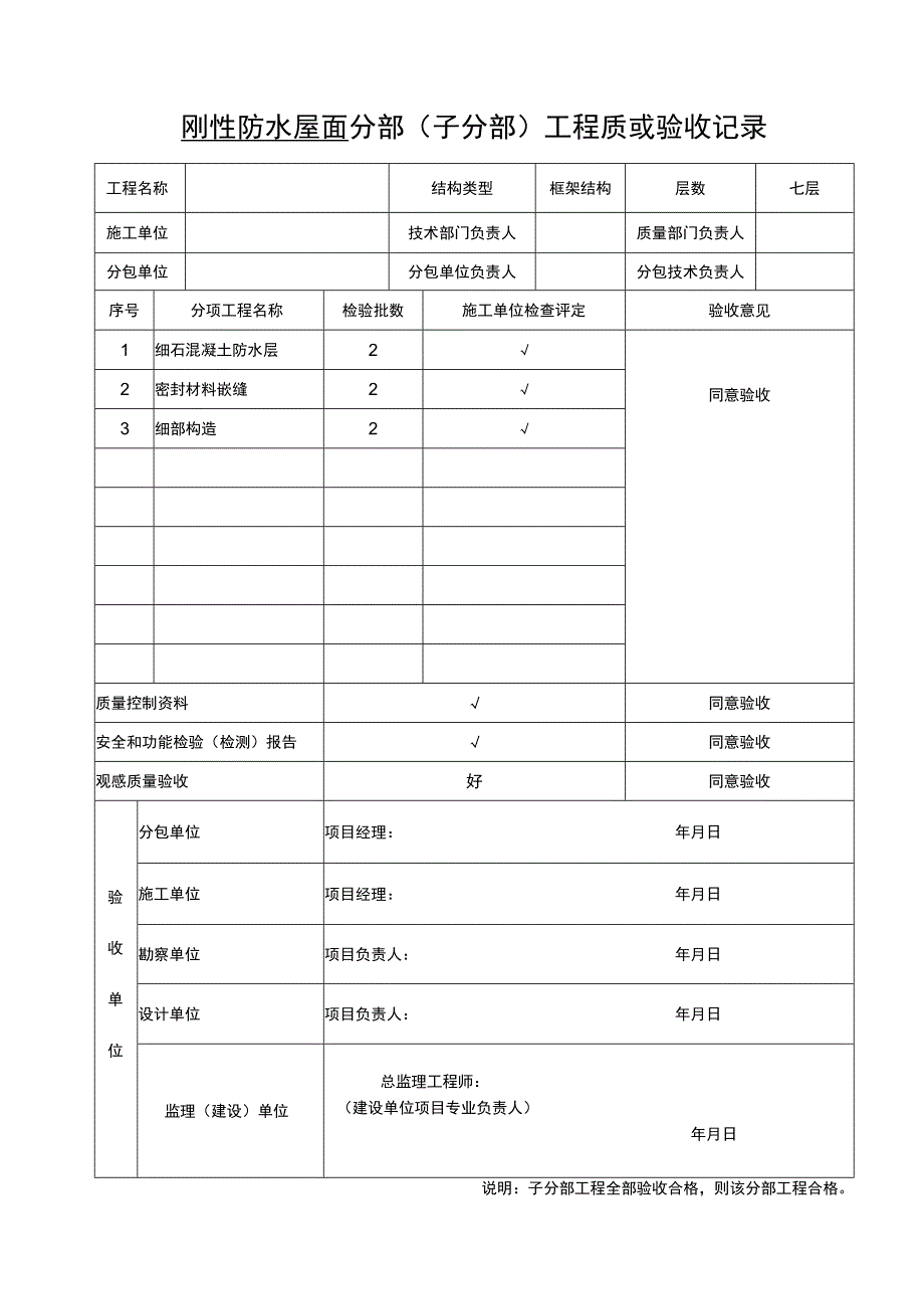 刚性防水屋面子分部工程质量验收记录.docx_第1页