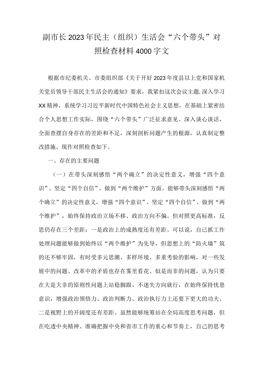 副市长2023年民主（组织）生活会六个带头对照检查材料4000字文.docx_第1页