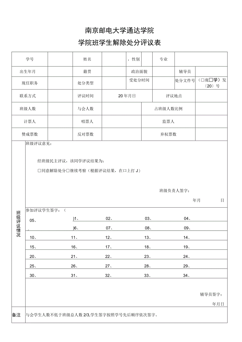 南京邮电大学通达学院学院班学生解除处分评议表.docx_第1页