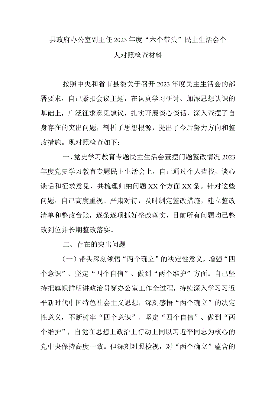 县政府办公室副主任2023年度六个带头民主生活会个人对照检查材料.docx_第1页