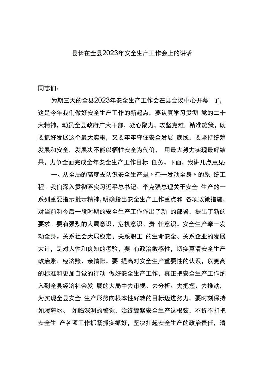 县长在全县2023年安全生产工作会上的讲话.docx_第1页