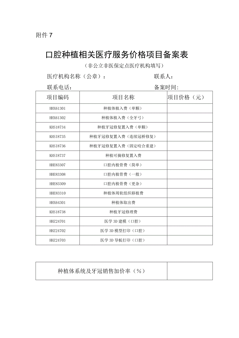 口腔种植相关医疗服务价格项目备案表.docx_第1页