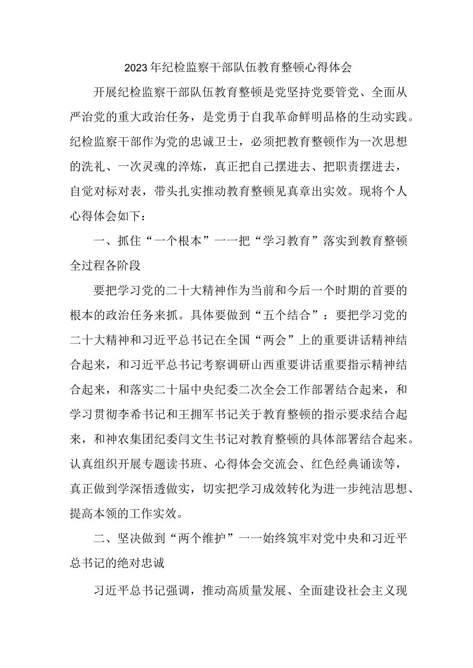 国企单位2023年纪检监察干部队伍教育整顿心得体会 （汇编6份）.docx_第1页