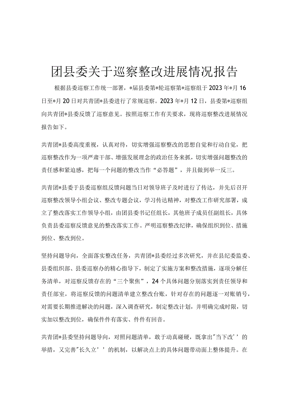 团县委关于巡察整改进展情况报告.docx_第1页