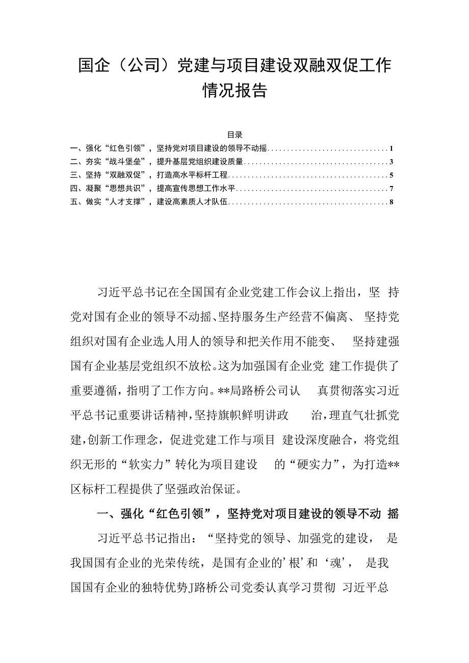 国企公司党建与项目建设双融双促工作情况报告.docx_第1页