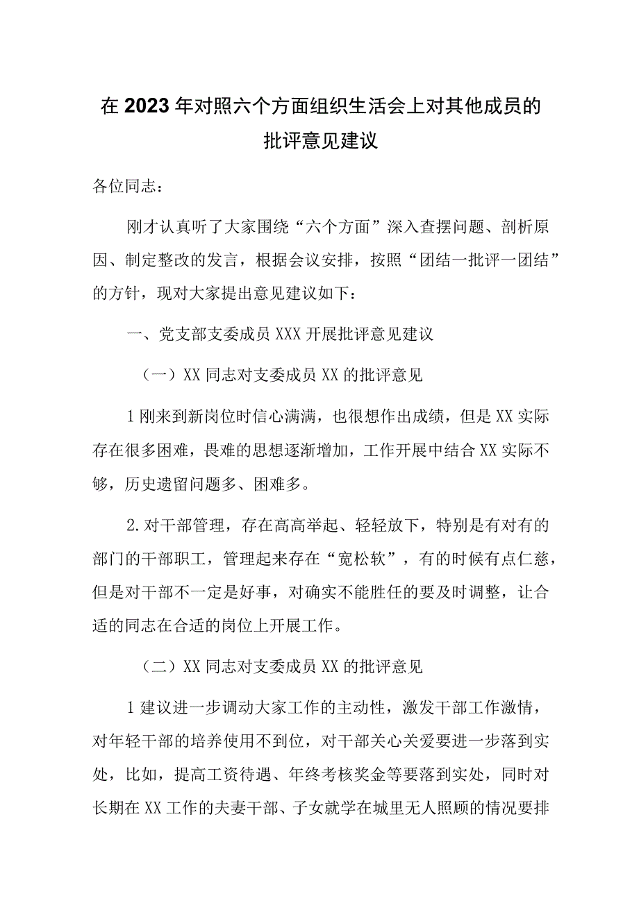 在2023年对照六个方面组织生活会上对其他成员的批评意见建议.docx_第1页