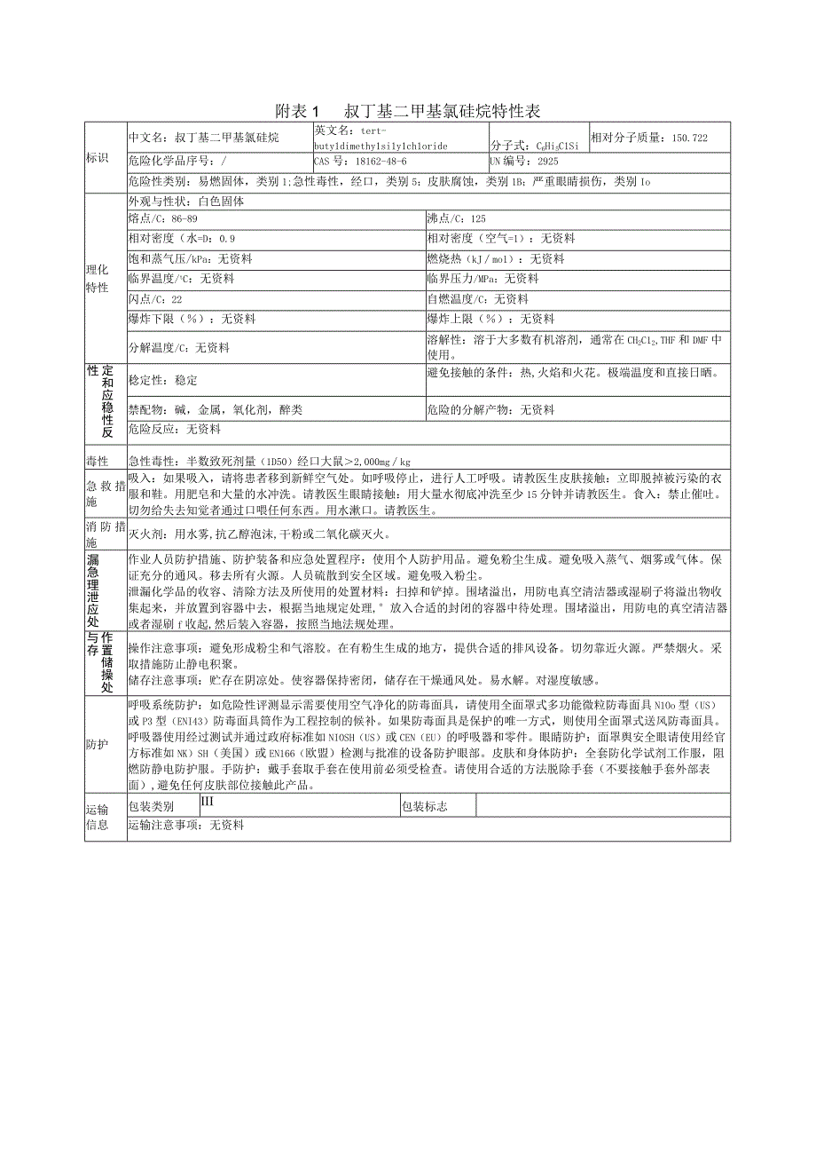 叔丁基二甲基氯硅烷特性表.docx_第1页