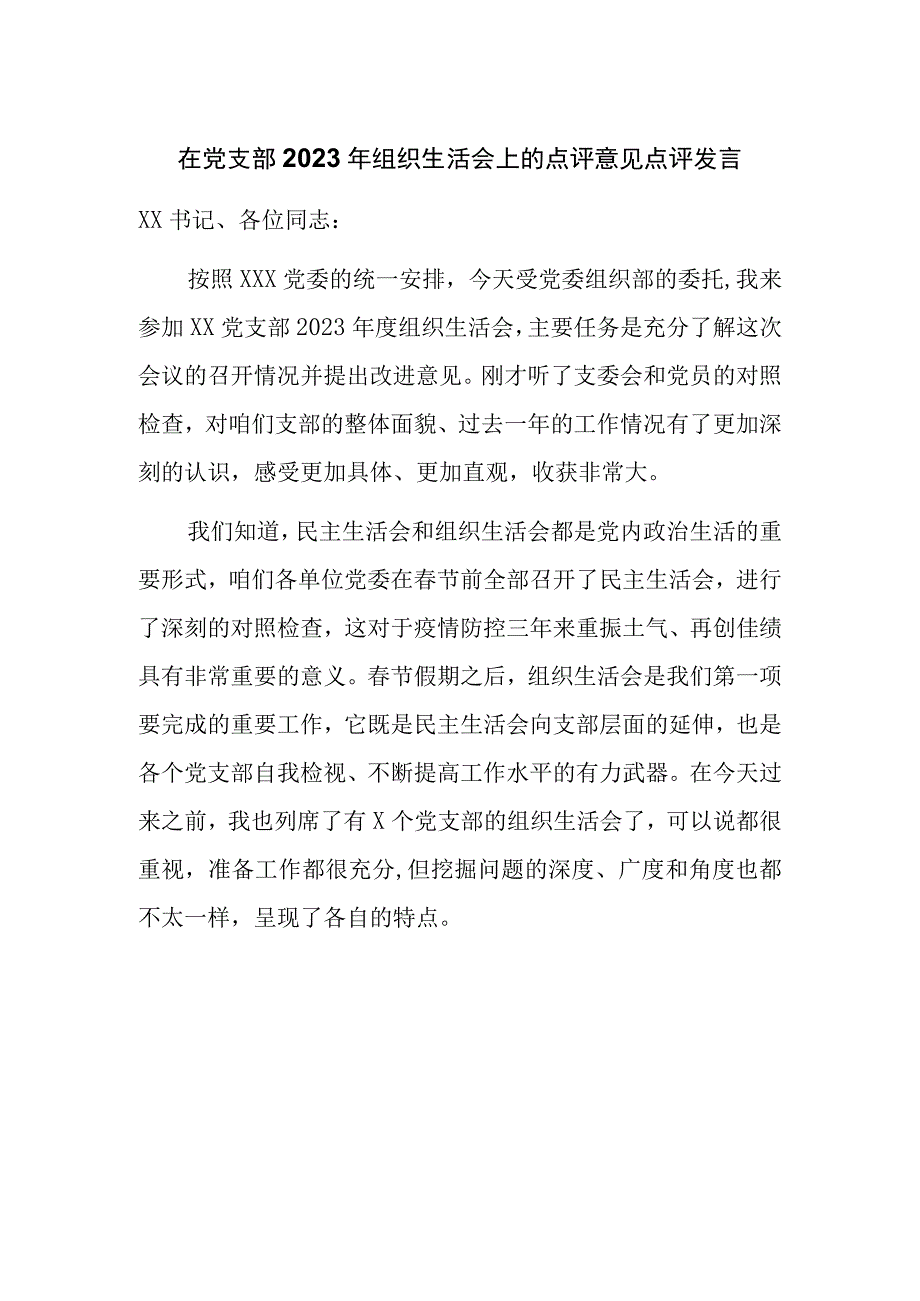 在党支部2023年组织生活会上的点评意见点评发言.docx_第1页