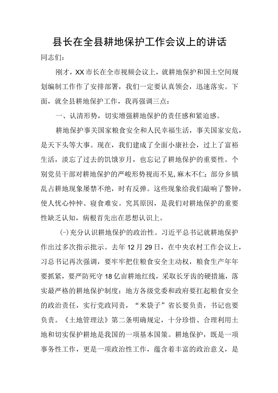 县长在全县耕地保护工作会议上的讲话.docx_第1页