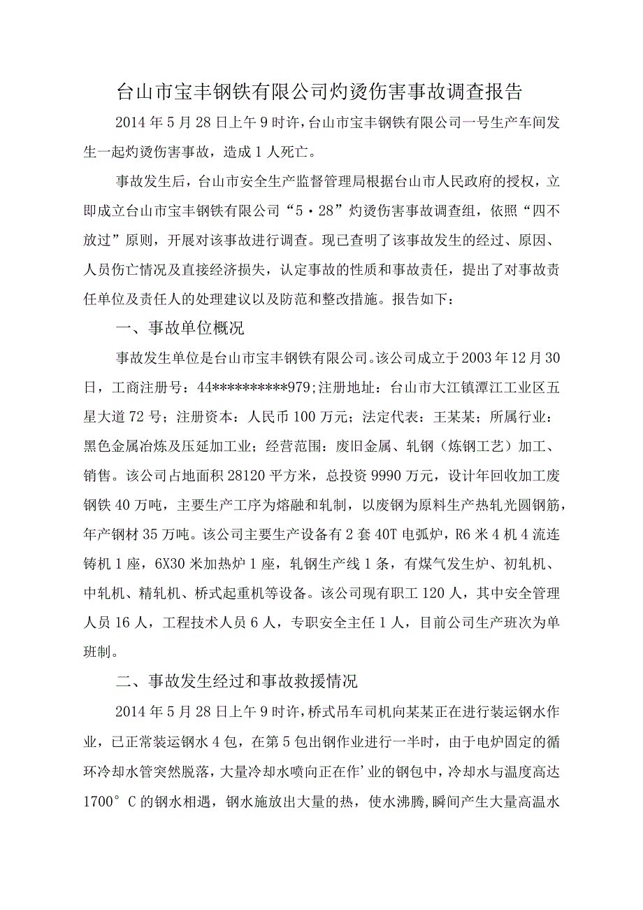 台山市宝丰钢铁有限公司灼烫伤害事故调查报告.docx_第1页