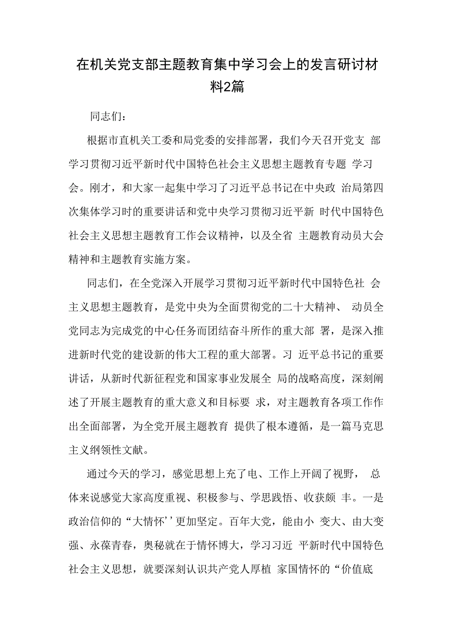 在机关党支部主题教育集中学习会上的发言研讨材料2篇.docx_第1页