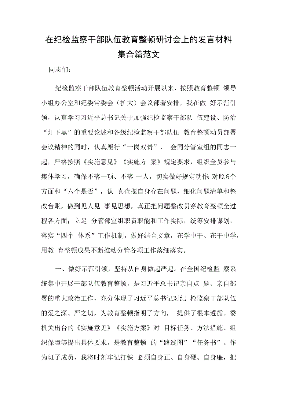 在纪检监察干部队伍教育整顿研讨会上的发言材料集合篇范文.docx_第1页