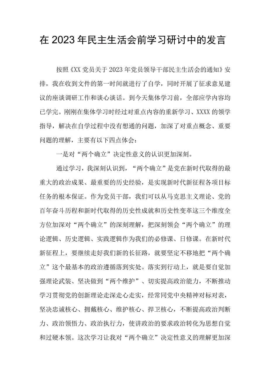 在2023年民主生活会前学习研讨中的发言（2）.docx_第1页