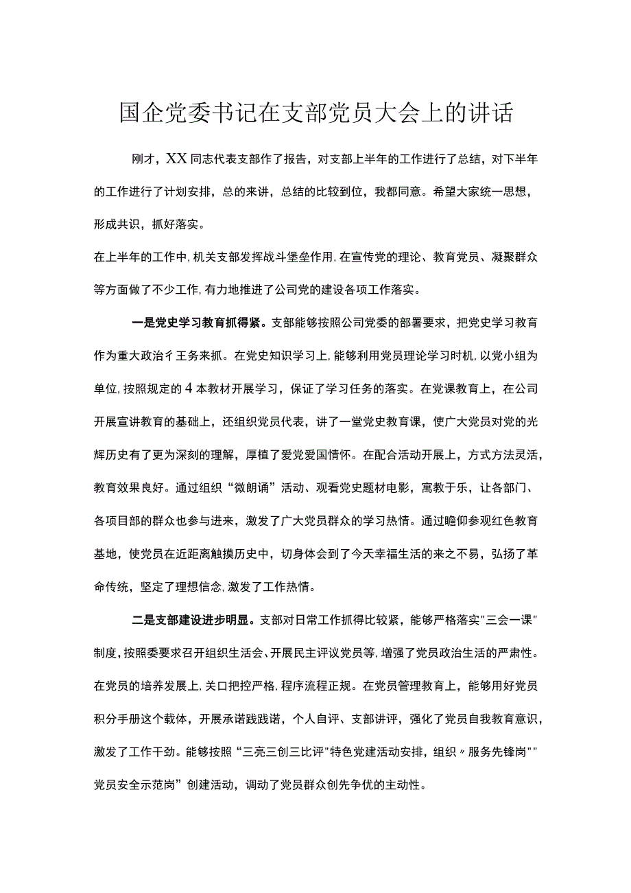 国企党委书记在支部党员大会上的讲话.docx_第1页