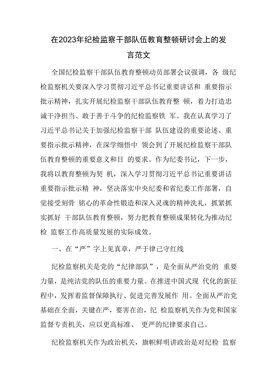 在2023年纪检监察干部队伍教育整顿研讨会上的发言范文.docx_第1页