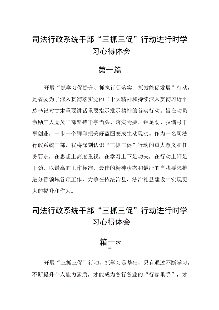 司法行政系统干部三抓三促行动进行时学习心得体会五篇.docx_第1页