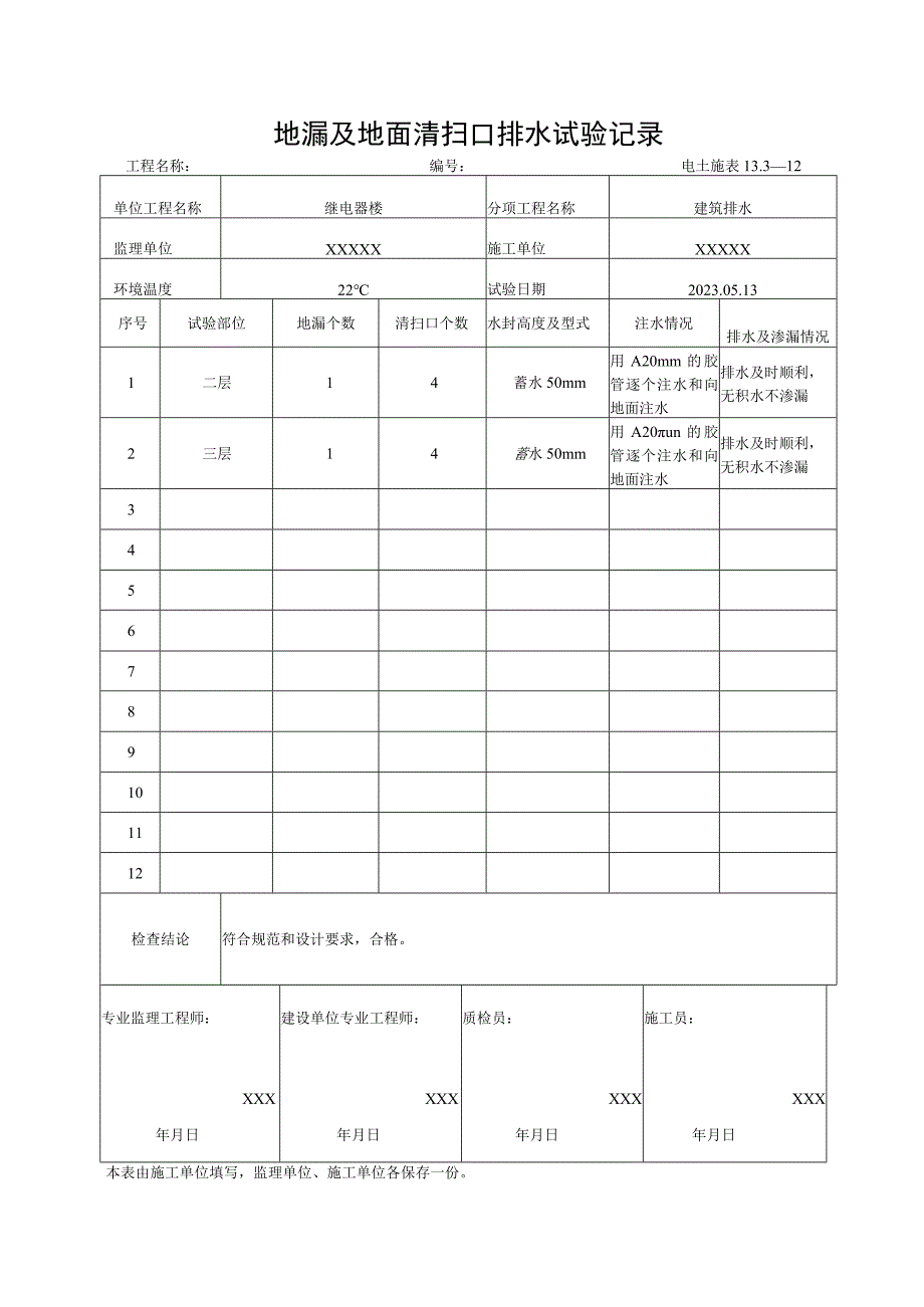 地漏及地面清扫口排水试验记录.docx_第1页