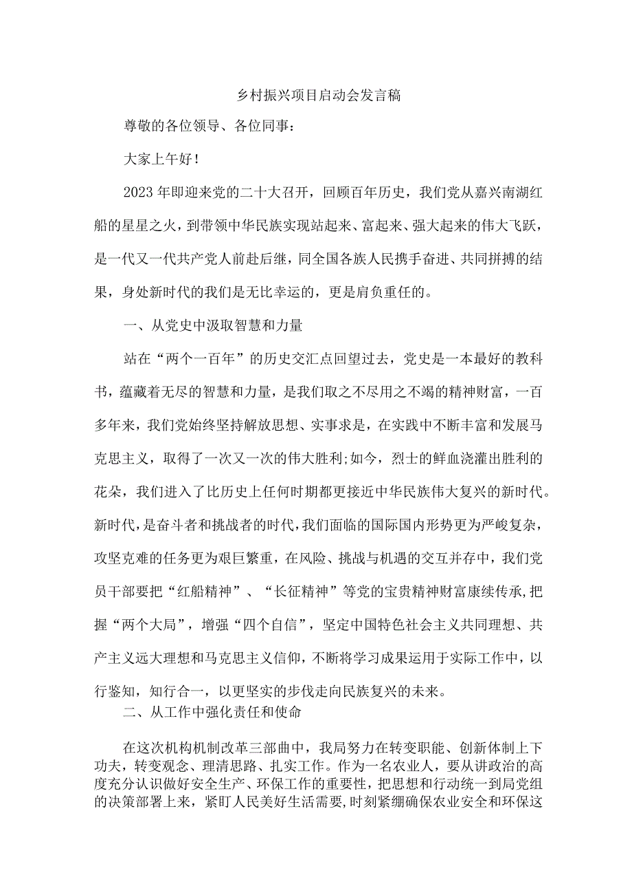 国企单位2023年开展乡村振兴项目启动会发言稿 （7份）.docx_第1页