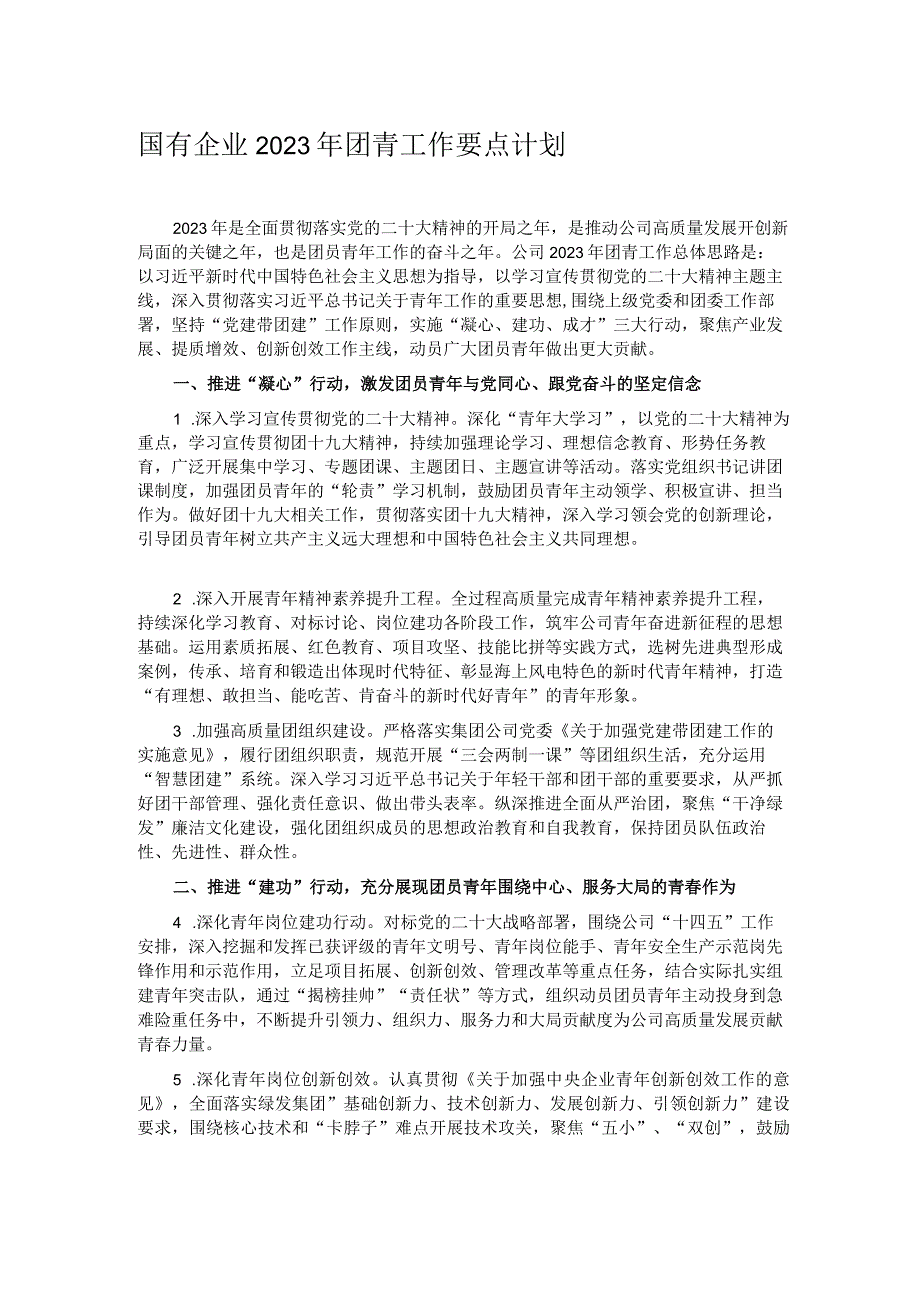 国有企业2023年团青工作要点计划.docx_第1页