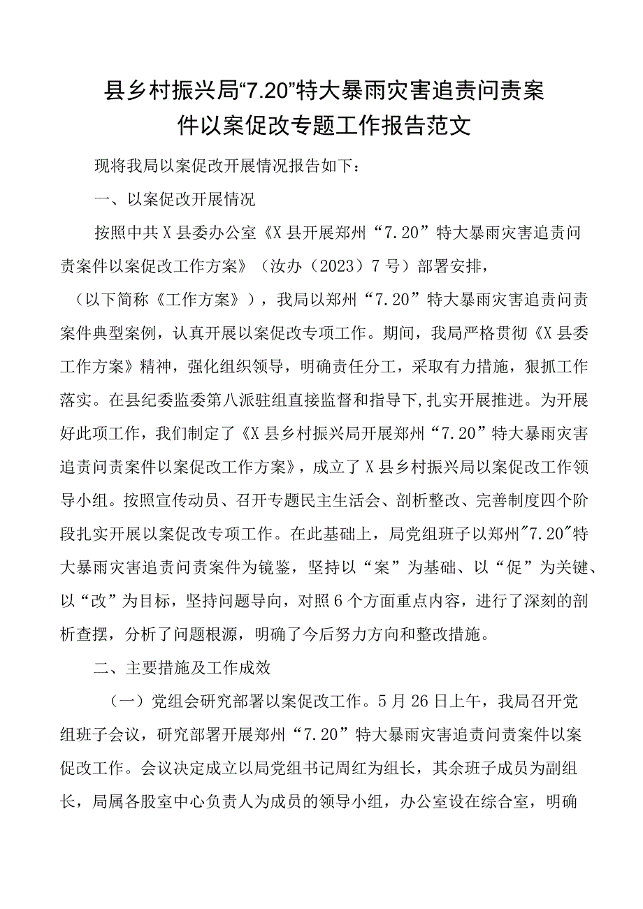 县乡村振兴局720特大暴雨灾害追责问责案件以案促改专题工作报告范文工作汇报总结文章.docx_第1页