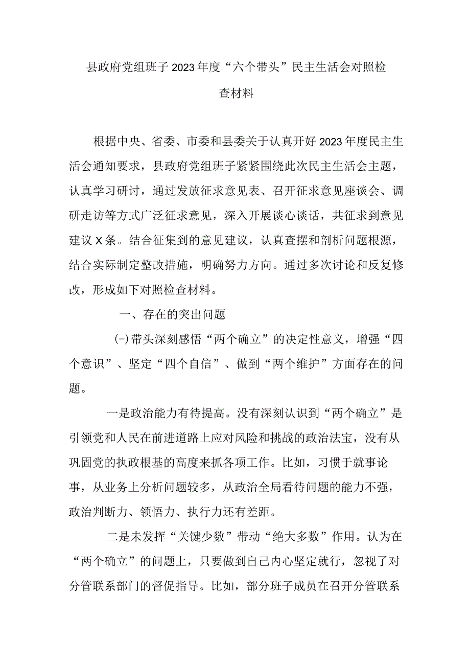 县政府党组班子2023年度六个带头民主生活会对照检查材料.docx_第1页