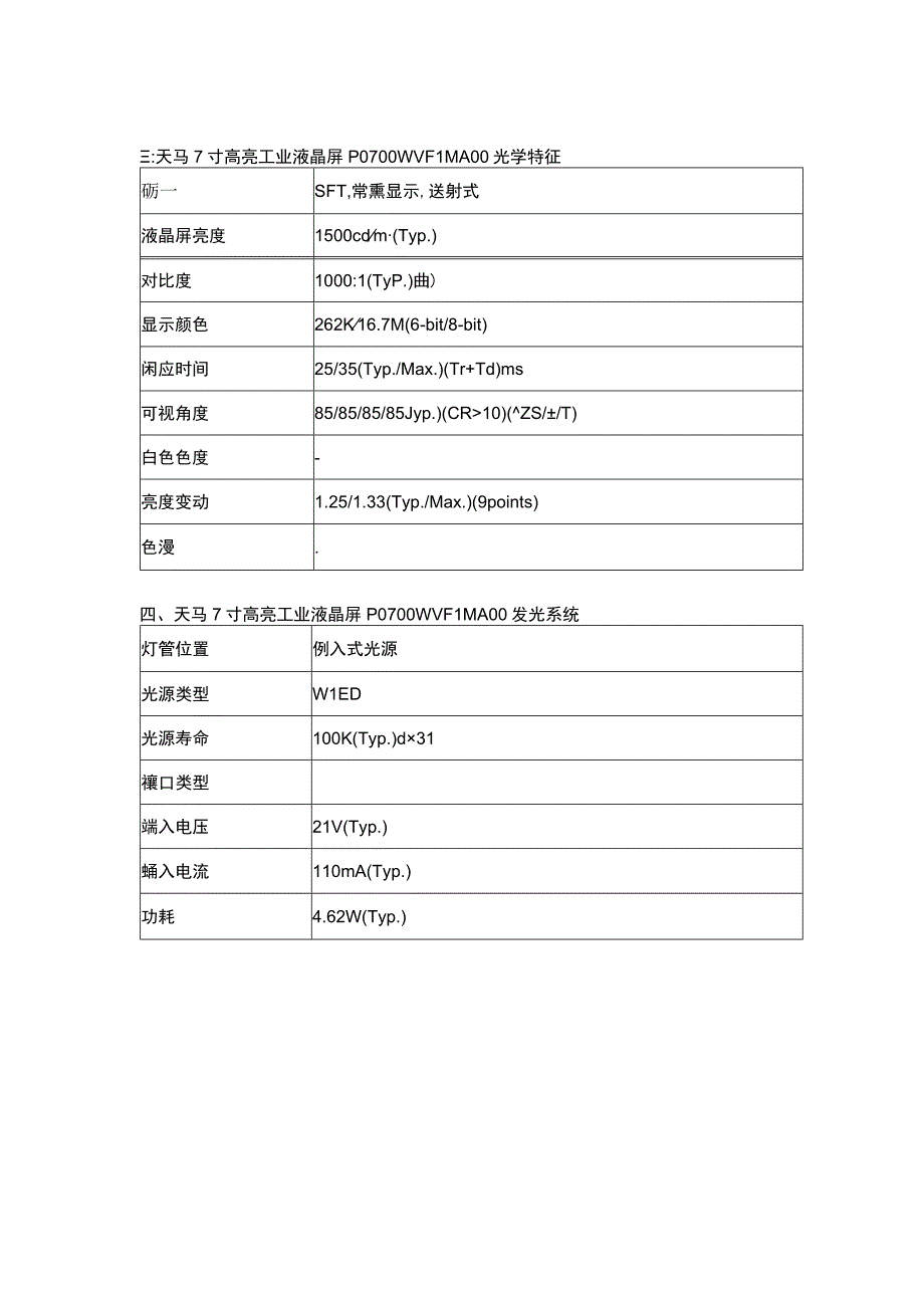 天马7寸工业液晶屏P0700WVF1MA0010W小时背光寿命液晶屏.docx_第3页