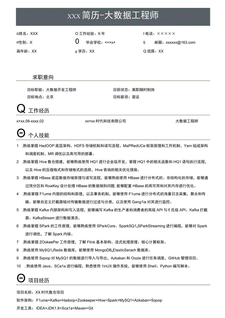 大数据工程师求职简历模板.docx_第1页