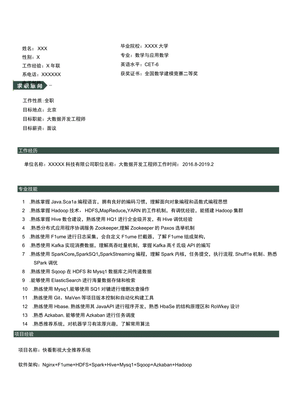 大数据开发工程师求职简历模板_001.docx_第1页