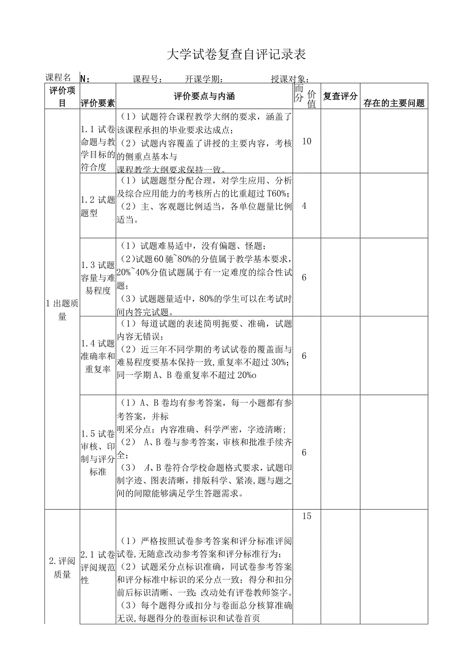 大学试卷复查自评记录表.docx_第1页