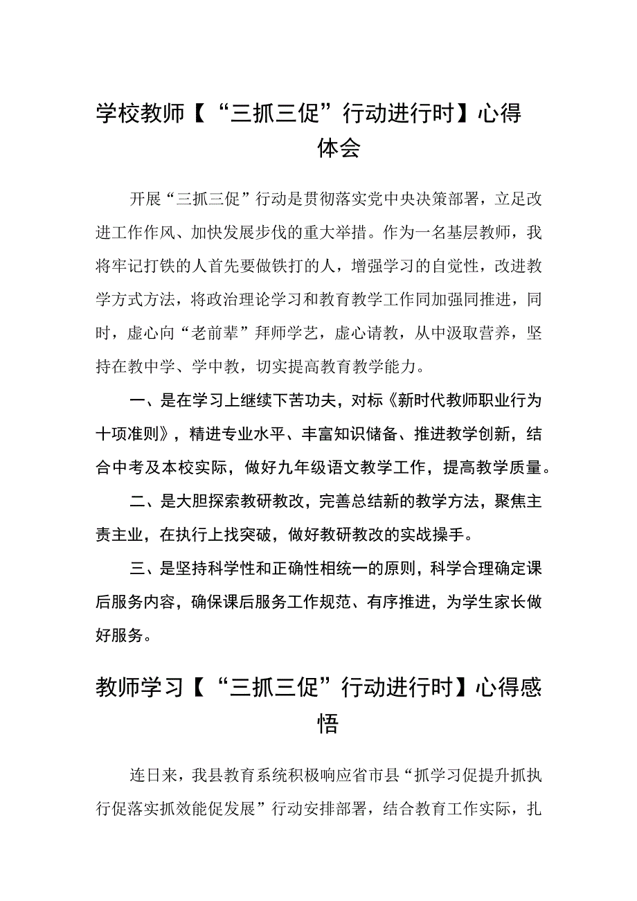 学校教师【“三抓三促”行动进行时】心得体会(精选三篇).docx_第1页