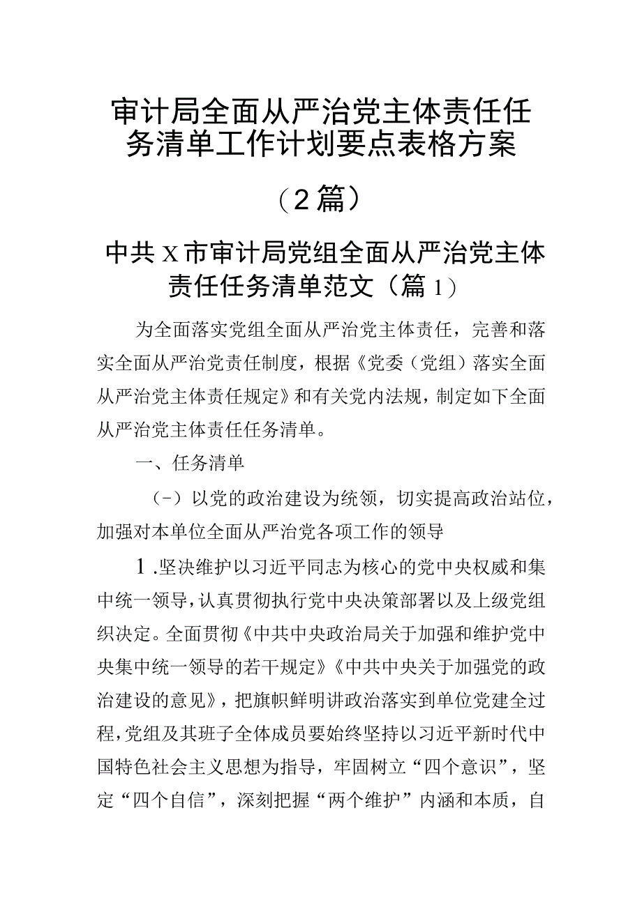 审计局全面从严治党主体责任任务清单工作计划要点表格方案（2篇）.docx_第1页