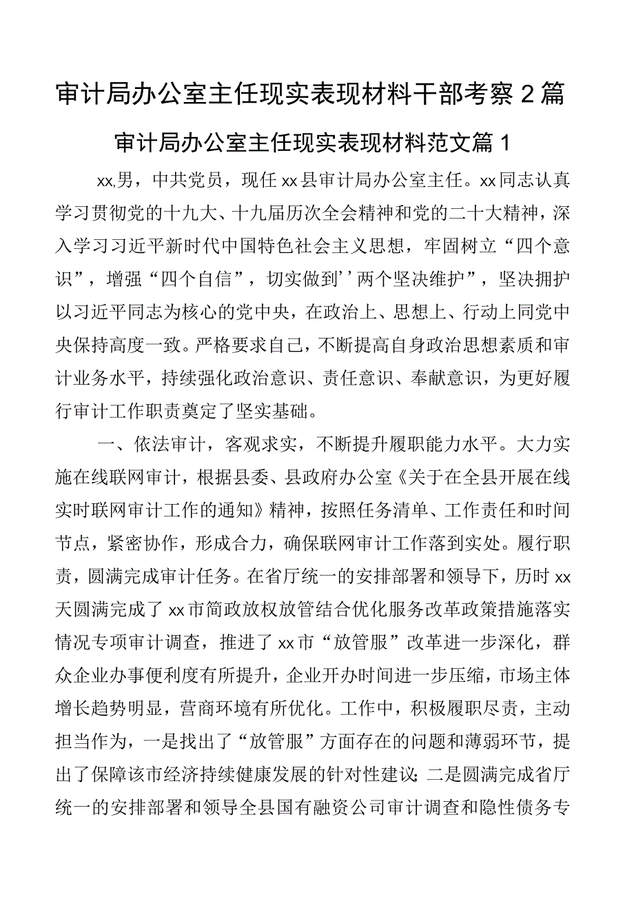 审计局办公室主任现实表现材料干部考察2篇.docx_第1页