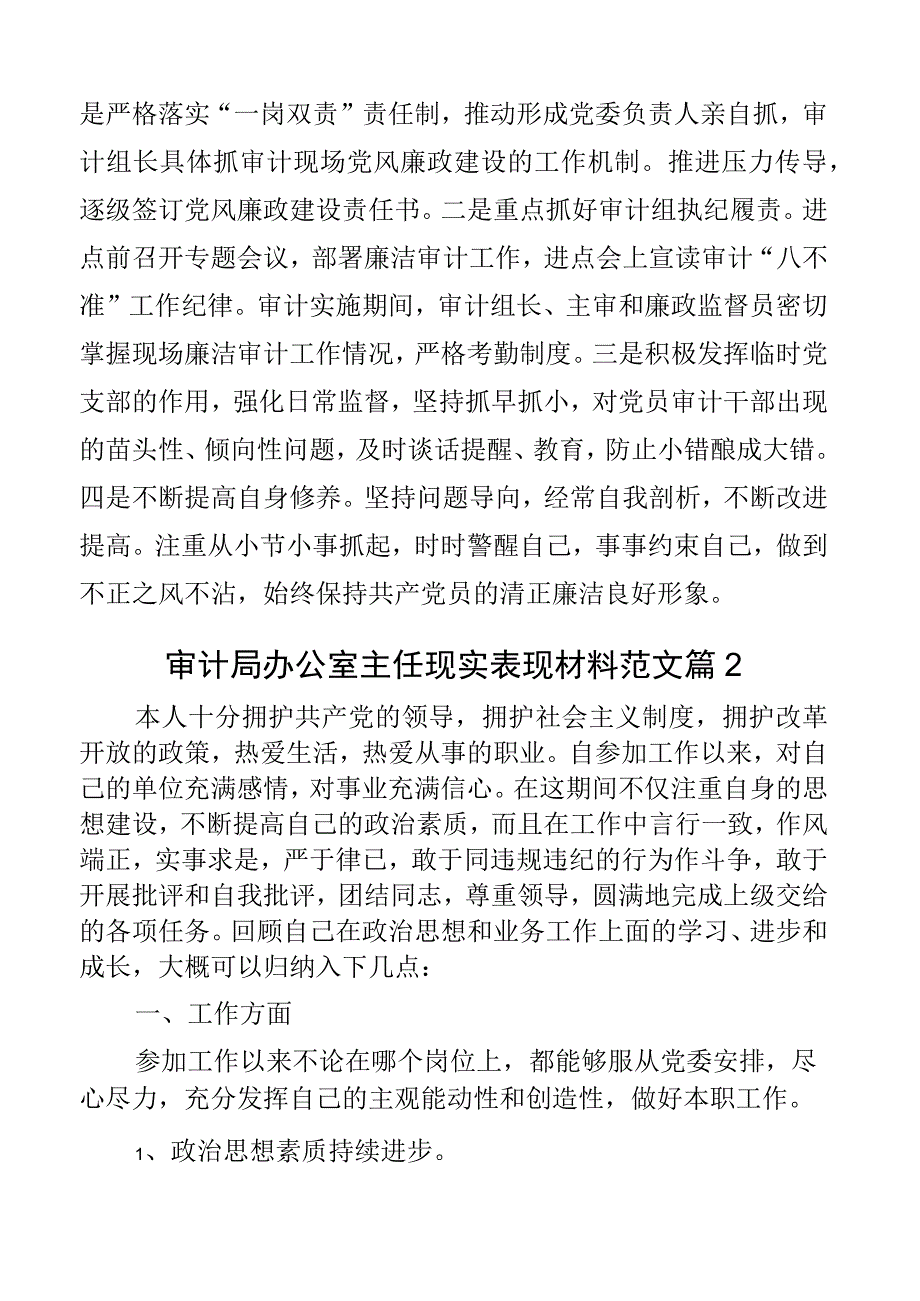 审计局办公室主任现实表现材料干部考察2篇.docx_第3页