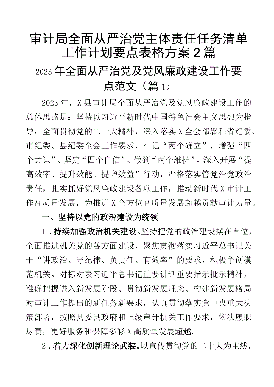 审计局全面从严治党主体责任任务清单工作计划要点表格方案2篇.docx_第1页