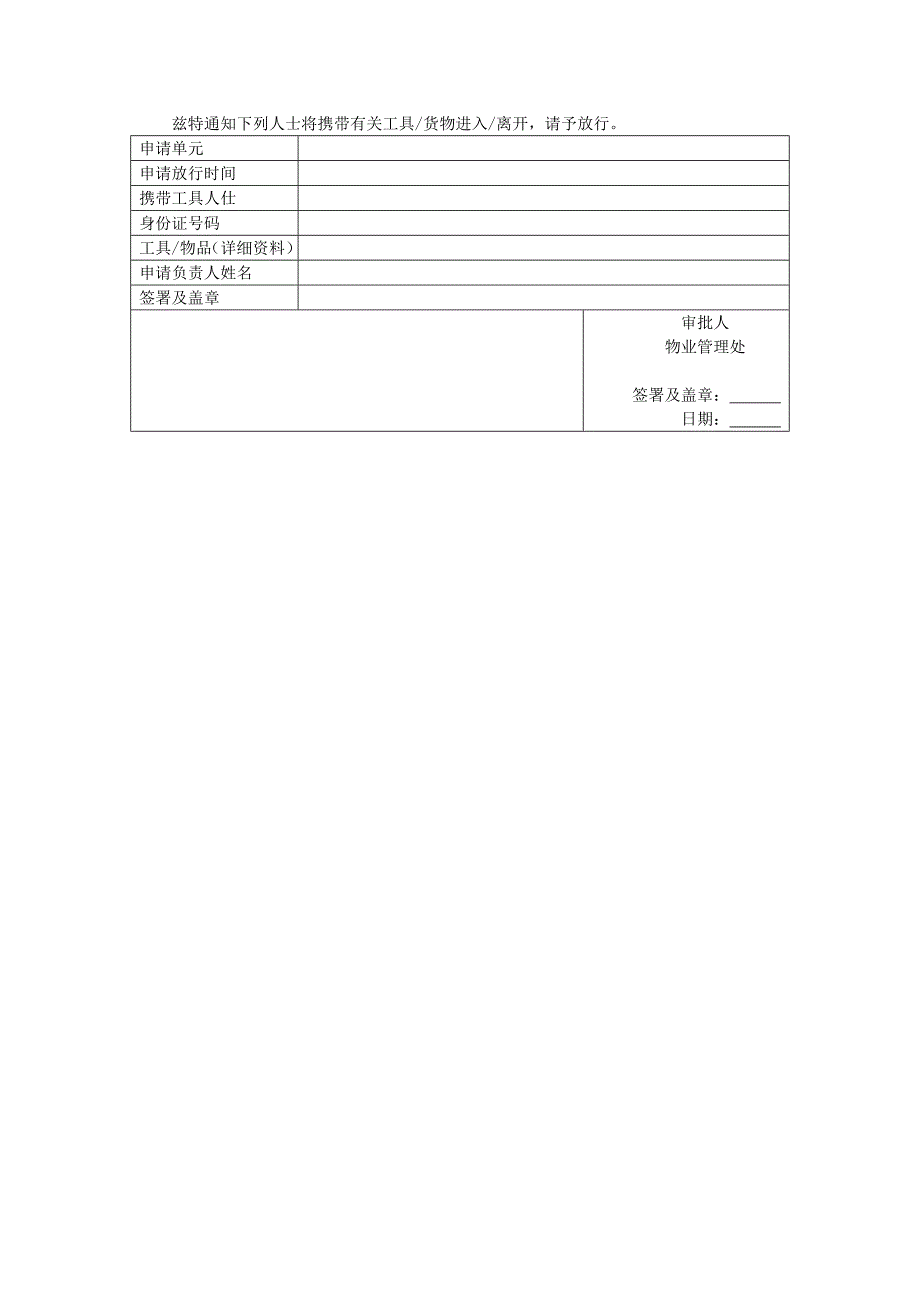 地产项目物业管理-二次装修货物出入放行申请表.doc_第1页