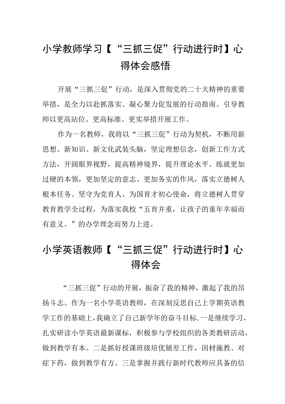 小学教师学习【“三抓三促”行动进行时】心得体会感悟(精选三篇).docx_第1页