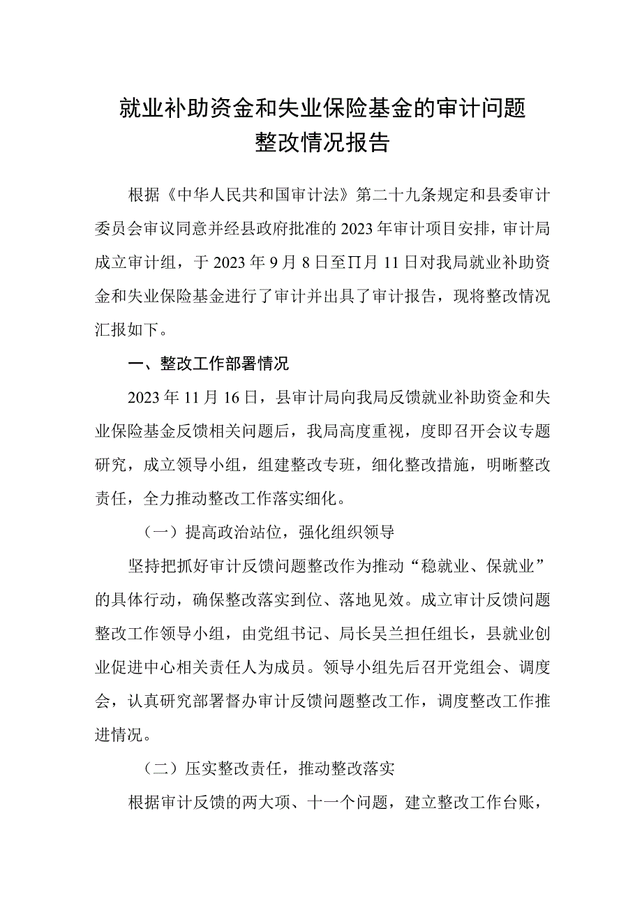 就业补助资金和失业保险基金的审计问题整改情况报告.docx_第1页