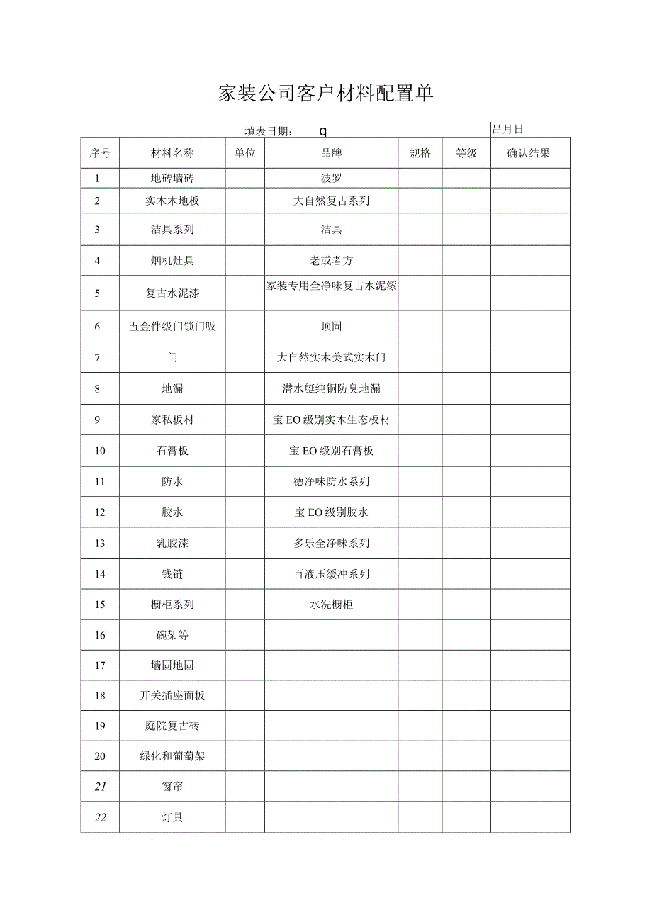 家装公司客户材料配置单.docx_第1页