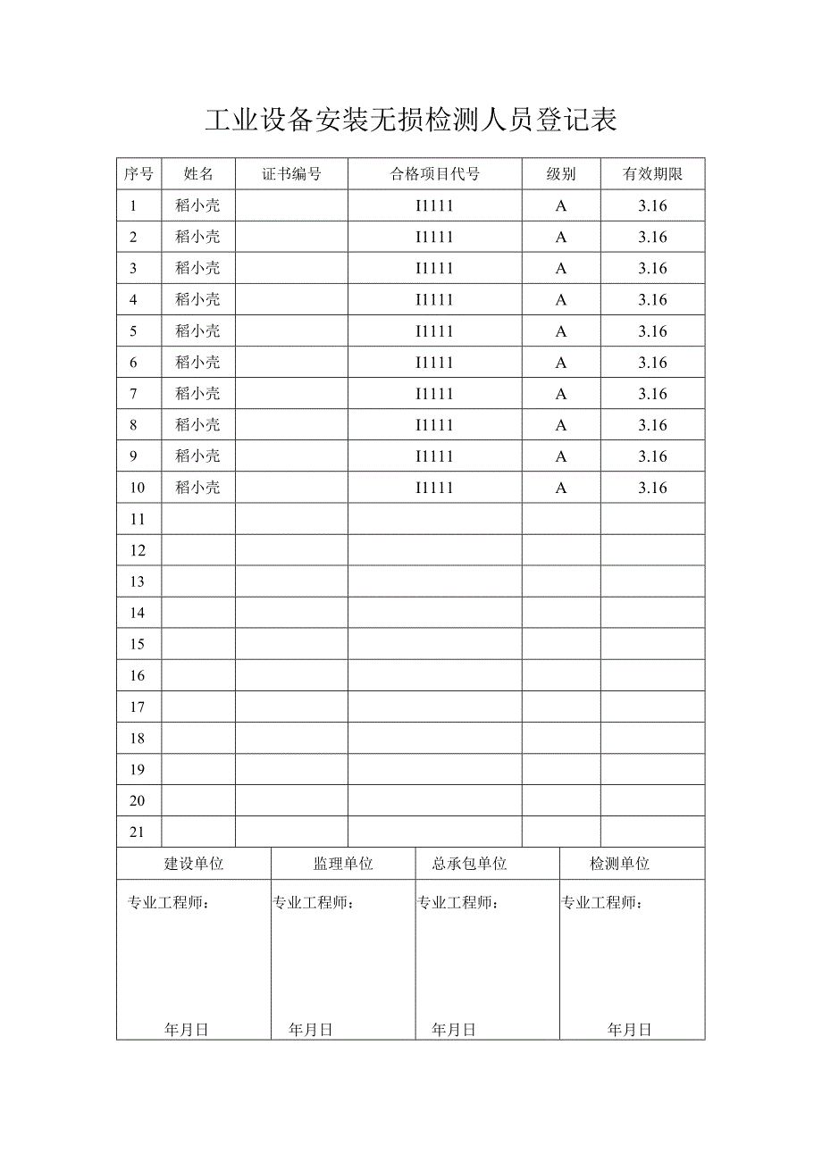 工业设备安装无损检测人员登记表.docx_第1页