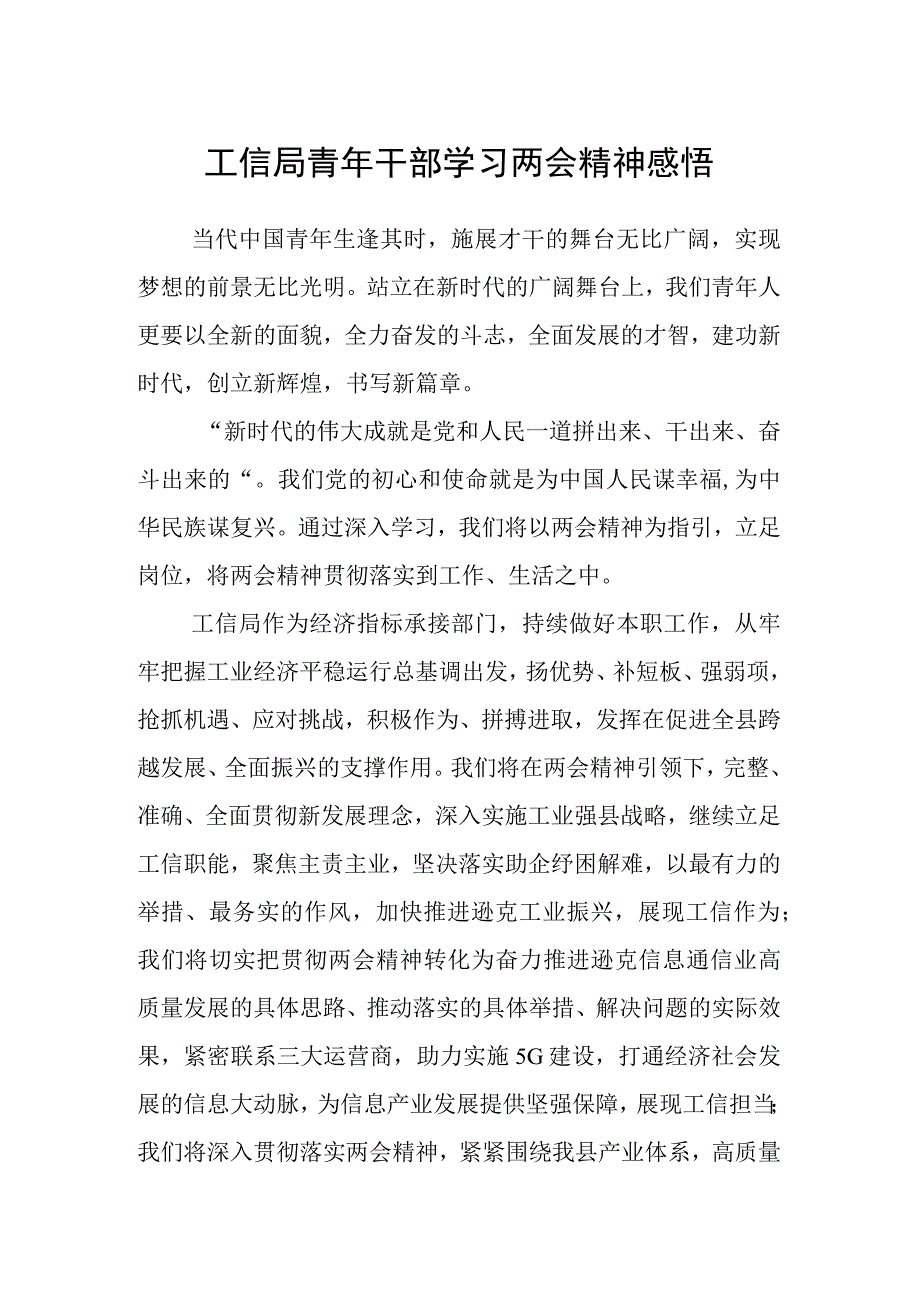 工信局青年干部学习两会精神感悟.docx_第1页